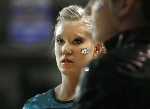 Scott Sommerdorf  |  The Salt Lake Tribune             
BYU's Mikell Merrell in concentration prior to her floor routine as Boise State defeated BYU 195.750 to 194.750 in women's gymnastics, Saturday February 4, 2012.