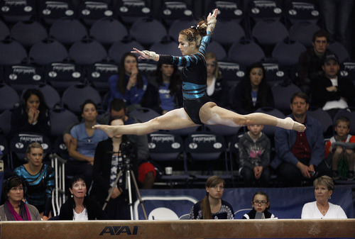 Scott Sommerdorf  |  The Salt Lake Tribune             
BYU's Natalie Eyre-Pickard compete n the balance beam as Boise State defeated BYU 195.750 to 194.750 in women's gymnastics, Saturday February 4, 2012. She scored a 9.875 on the apparatus.