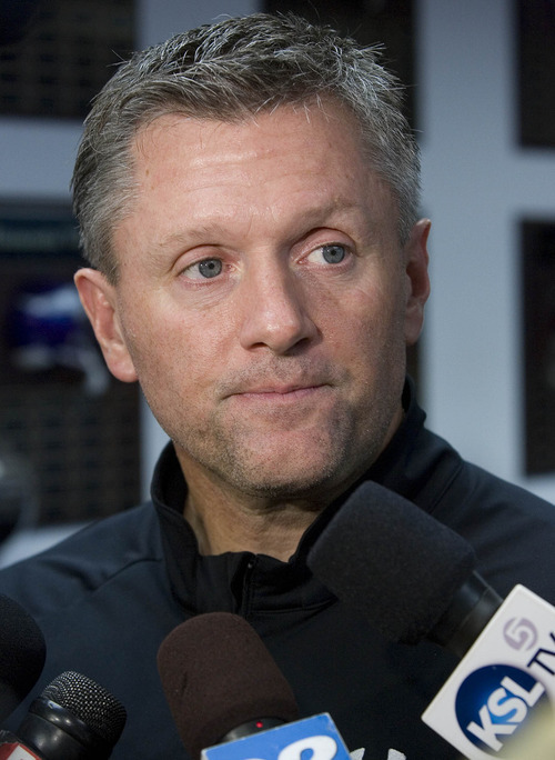 Paul Fraughton | The Salt Lake Tribune.
 Head coach Kyle Whittingham  talks about his  choice of Brian Johnson as  the new offensive coordinator for the University of Utah
 Thursday, February 2, 2012