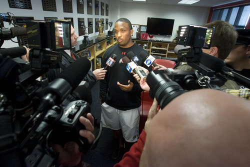 Paul Fraughton | The Salt Lake Tribune.
Brian Johnson, who was named the new offensive coordinator for the University of Utah, talks to the media about his new position
 Thursday, February 2, 2012