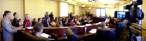 Trent Nelson  |  The Salt Lake Tribune

A full room listens as the Senate Government Operations and Politicial Subdivisions Committee considers SB51, prohibiting discrimination against gay and transgender residents. It was the first time in five years such a bill has received a public hearing. But SB51 was tabled on a 4-1 vote.