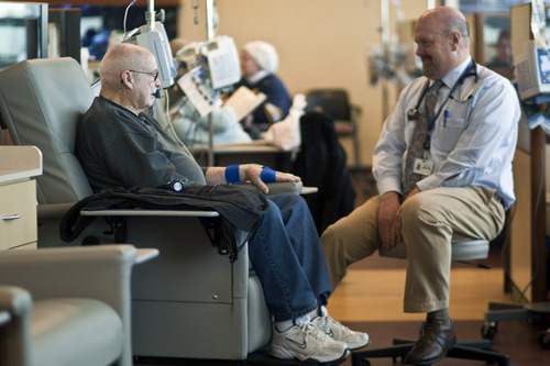 Chris Detrick  |  The Salt Lake Tribune
Utah Cancer Specialists oncologist William Nibley treats Robbie Robertson for multiple myeloma at the Jon and Karen Huntsman Cancer Center at Intermountain Medical Center in Murray Wednesday February 1, 2012.