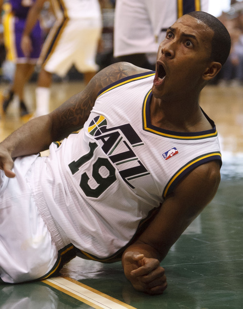 Trent Nelson  |  The Salt Lake Tribune
Utah Jazz guard Raja Bell (19) reacts to a foul called on him as the Utah Jazz host the Los Angeles Lakers, NBA basketball Saturday, February 4, 2012 at EnergySolutions Arena in Salt Lake City, Utah.