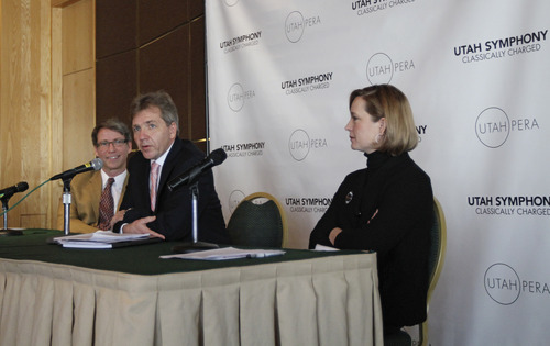 Lennie Mahler  |  The Salt Lake Tribune 
Principal Pops Conductor Jerry Steichen, Utah Symphony Music Director Thierry Fischer, and Utah Symphony | Utah Opera President and CEO Melia Tourangeau answer questions from press and season ticket holders about the upcoming Utah Symphony 2012-13 season, 