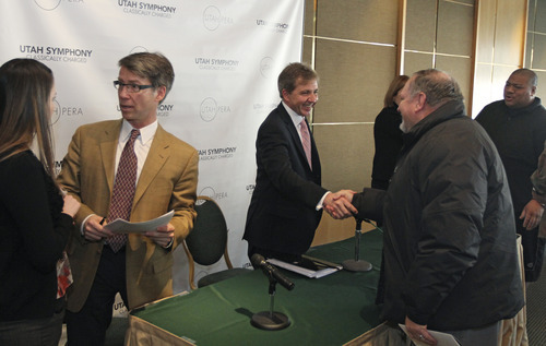 Lennie Mahler  |  The Salt Lake Tribune 
Utah Symphony Principal Pops Conductor Jerry Steichen, left, and Music Director Thierry Fischer mingle with press and season ticket holders after a press conference announcing the upcoming Utah Symphony 2012-13 season, 