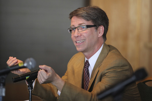 Lennie Mahler  |  The Salt Lake Tribune 
Utah Symphony Principal Pops Conductor Jerry Steichen speaks to press and season ticket holders about the Utah Symphony 2012-13 season, 