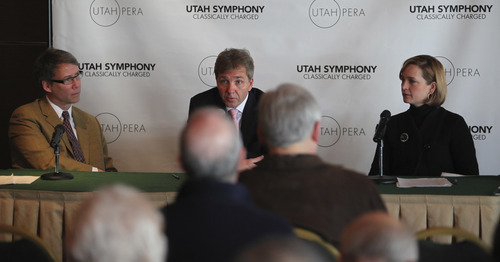 Lennie Mahler  |  The Salt Lake Tribune 
Principal Pops Conductor Jerry Steichen, left, Utah Symphony Music Director Thierry Fischer, and Utah Symphony | Utah Opera President and CEO Melia Tourangeau answer questions from press and season ticket holders about the upcoming Utah Symphony 2012-13 season, 