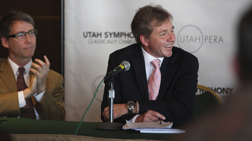 Lennie Mahler  |  The Salt Lake Tribune 
Utah Symphony Music Director Thierry Fischer, right, speaks to press and season ticket holders about the Utah Symphony 2012-13 season, 