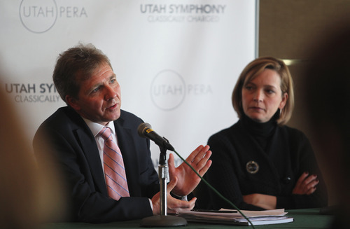 Lennie Mahler  |  The Salt Lake Tribune 
Utah Symphony Music Director Thierry Fischer, left, speaks to press and season ticket holders about the Utah Symphony 2012-13 season, 