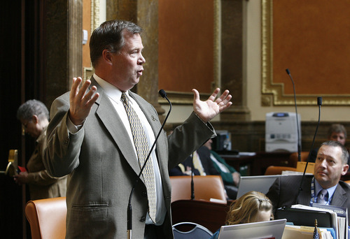 Scott Sommerdorf  |  The Salt Lake Tribune             
Rep. Eric Hutchings, R-Kearns, speaks in favor of HB210 n the Utah House Monday. The bill to lock up oil and gas revenues in a special fund was narrowly defeated.