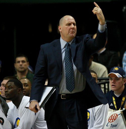 Chet Strange | Special to The Tribune
Jim Boylen reacts after a foul is called on the Indiana Pacers during their game against the New Jersey Nets on Tuesday, Jan. 31.  The former University of Utah head coach, known for his fiery personality, has been relegated to a more subordinate role as one of two Pacers assistant coaches.