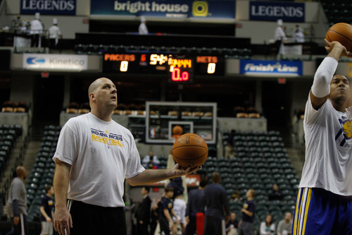 Chet Strange | Special to The Tribune
Jim Boylen, former University of Utah Head Coach, helps the Indiana Pacers run drills before the Pacers' game against the New Jersey Nets on Tuesday, Jan. 31. Known for his fiery personality, Boylen has been relegated to a more subordinate role as one of two Pacers assistant coaches.
