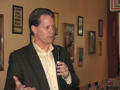 Donald W. Meyers | The Salt Lake Tribune 
Andrew Holmes announces his intention to challenge Sen. Curt Bramble, R-Provo, for the Republican nomination for Senate District 16 at Nicoliatalia Pizzeria in Provo Tuesday (Feb. 7, 2012)