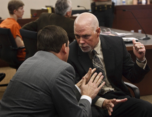 Leah Hogsten  |  The Salt Lake Tribune
Weber County Prosecutor Chris Shaw, right, talks with Dee Smith, left, during Matthew David Stewart's hearing in Utah's 2nd District Court in Ogden before Judge Noel Hyde Tuesday, February 7, 2012. Stewart has been charged with aggravated murder for the death of Ogden police Officer Jared Francom, who was a member of the Weber-Morgan Narcotics Strike Force. He also has been charged with eight other felony counts. Weber County Attorney Dee Smith has filed notice that he intends to seek the death penalty.