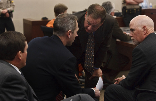Leah Hogsten  |  The Salt Lake Tribune
Matthew David Stewart's newly appointed public defender William Albright, center, talks with Deputy Weber County Attorney Chris Allred, left, and Christopher Shaw in Utah's 2nd District Court in Ogden before Judge Noel Hyde Tuesday, February 7, 2012. Stewart has been charged with aggravated murder for the death of Ogden police Officer Jared Francom, who was a member of the Weber-Morgan Narcotics Strike Force. He also has been charged with eight other felony counts. Weber County Attorney Dee Smith has filed notice that he intends to seek the death penalty.