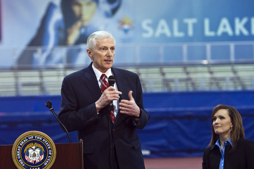 Chris Detrick  |  The Salt Lake Tribune
Lt. Gov. Greg Bell speaks about the formation of a panel to explore an Olympic bid for the 2022 or 2026 Winter Games in Utah at the Utah Olympic Oval in Kearns Wednesday February 8, 2012.