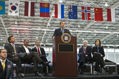 Chris Detrick  |  The Salt Lake Tribune
Gov. Gary Herbert announces the formation of a panel to explore an Olympic bid for the 2022 or 2026 Winter Games in Utah at the Utah Olympic Oval in Kearns Wednesday February 8, 2012.