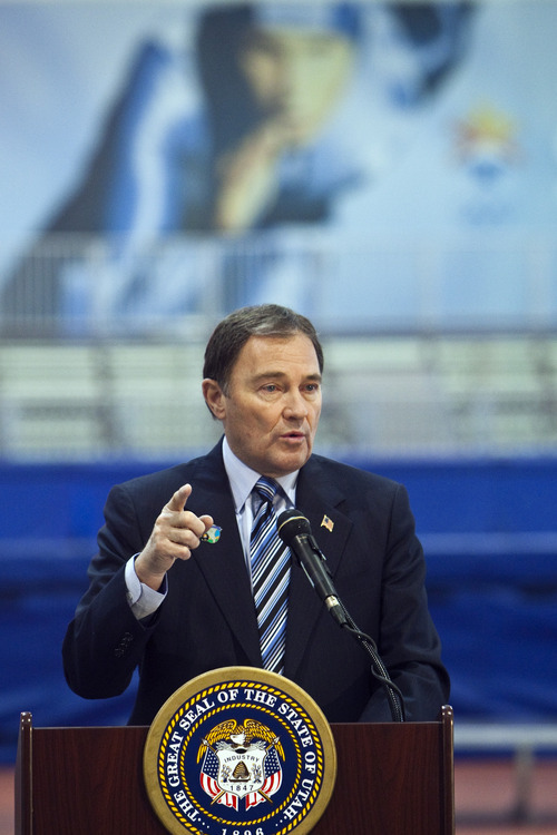 Chris Detrick  |  The Salt Lake Tribune
Gov. Gary Herbert announces the formation of a panel to explore an Olympic bid for the 2022 or 2026 Winter Games in Utah at the Utah Olympic Oval in Kearns Wednesday February 8, 2012.