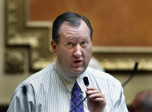 Scott Sommerdorf  |  The Salt Lake Tribune             
Rep. John Dougall, R-Highland, makes a point during floortime in the Utah House. Dougall is sponsoring legislation to ease the state's auto safety inspection requirement.