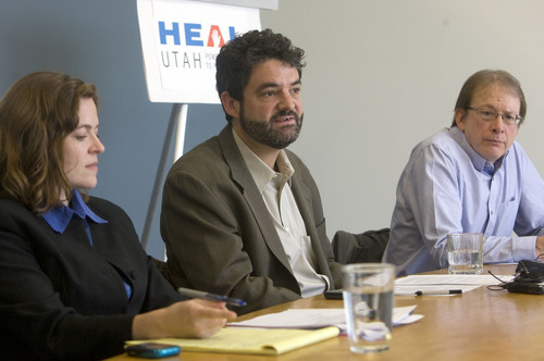 Al Hartmann  |  The Salt Lake Tribune
Attorney Lara Swensen, left, and Matt Pacenza, policy director with HEAL Utah along with Dan Mayhew, conservation chairman with the Utah Sierra Club hold press conference announcing a request that the state reconsider its approval of water rights for Utah's first proposed nuclear power plant.