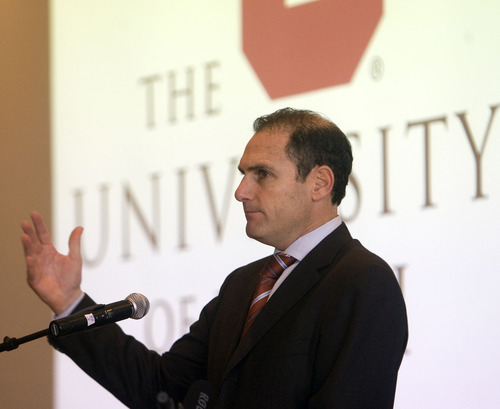 Al Hartmann  |  The Salt Lake Tribune
Pac-12 Commissioner Larry Scott, speaks at a press conference at the Utah Natural History Museum on Thursday, Feb. 9, before the start of the  