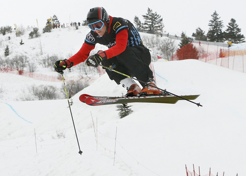 Scott Sommerdorf  |  The Salt Lake Tribune             
Canadian skier Matheu Leduc takes the final jump in the Men's skicross at The Canyons, Saturday February 11, 2012.