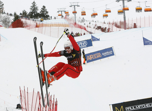 Scott Sommerdorf  |  The Salt Lake Tribune             
Skicross racer Peter Staehli begins to lose control on the last jump before the finish at The Canyons, Saturday February 11, 2012. He fell, but managed to cross the finish line in second in his heat, allowing him to continue into the semi-finals.