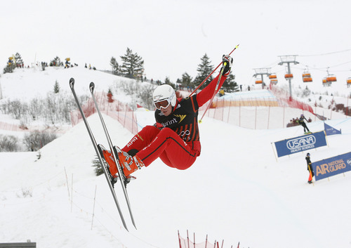 Scott Sommerdorf  |  The Salt Lake Tribune             
Skicross racer Peter Staehli begins to lose control on the last jump before the finish at The Canyons, Saturday February 11, 2012. He fell, but managed to cross the finish line in second in his heat, allowing him to continue into the semi-finals.