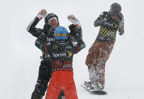 Scott Sommerdorf  |  The Salt Lake Tribune             
Park City's Graham Watanabe (foreground) gets congratulations after his win in the Men's Consolation race that placed him fifth overall in Snowboardcross at the U.S. Grand Prix held The Canyons, Sunday February 12, 2012.