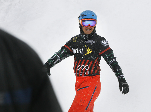 Scott Sommerdorf  |  The Salt Lake Tribune             
Park City's Graham Watanabe smiles after his win in the Men's Consolation race that placed him fifth overall in Snowboardcross at the U.S. Grand Prix held The Canyons, Sunday February 12, 2012.