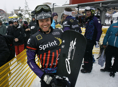 Scott Sommerdorf  |  The Salt Lake Tribune             
Austrian Alex Schairer is all smiles after his win in the men's final in Snowboardcross at the U.S. Grand Prix held The Canyons, Sunday February 12, 2012.