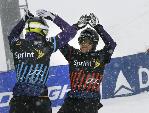 Scott Sommerdorf  |  The Salt Lake Tribune             
Austrian Markus Schairer celebrates his win in the Men's Snowboardcross semi-finals. He went on to win the Men's title in Snowboardcross at the U.S. Grand Prix held The Canyons, Sunday February 12, 2012.