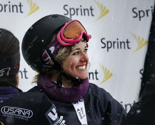 Scott Sommerdorf  |  The Salt Lake Tribune             
Salt Lake City's Faye Gulini smiles after her second place finish in the Women's Snowboardcross at the U.S. Grand Prix held The Canyons, Sunday February 12, 2012.