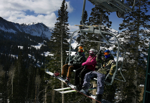 Scott Sommerdorf  |  The Salt Lake Tribune             
Skiers and snowboarders take Brighton's Great Western lift to access runs like Golden Needle and others on Super Bowl Sunday when they can have the slopes mostly to themselves, Sunday February 5, 2012.