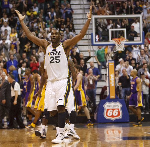 Trent Nelson  |  The Salt Lake Tribune
Utah Jazz center/forward Al Jefferson (25) celebrates a fourth quarter Jazz lead as the Utah Jazz host the Los Angeles Lakers, NBA basketball Saturday, February 4, 2012 at EnergySolutions Arena in Salt Lake City, Utah.