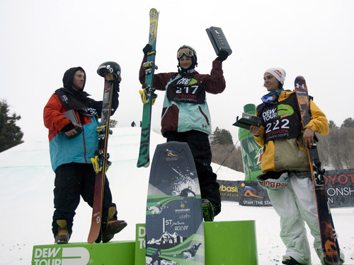 Kim Raff |  The Salt Lake Tribune
Tom Wallisch, left, placed second, Nick Goepper, placed first, and Bobby Brown, who placed third, accept their awards in the ski slopestyle men's final at the Winter Dew Tour at Snowbasin in Huntsville on Sunday.