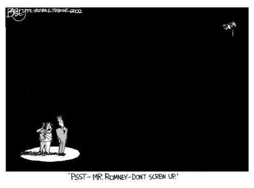 Courtesy Salt Lake Tribune Library
In this Pat Bagley cartoon, the glare of a global spotlight focused on Salt Lake Organizing Committee President Mitt Romney in the final days before the 2002 Winter Olympics began.