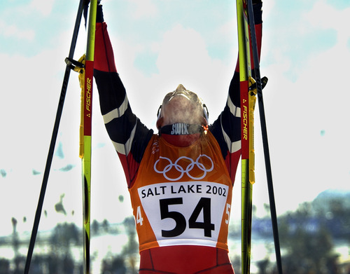 Al Hartmann | Tribune file photo
Norway's Benti Skari exhults in winning the women's 10K classical cross country race at Soldier Hollow. Skari also won a silver and a bronze at the Salt Lake Games.