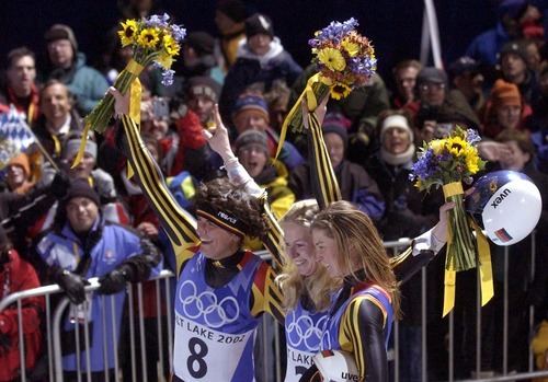 Trent Nelson | Tribune file photo
Germany's Barbara Niedernhuber, left, Sylke Otto and Silke Kraushaar swept the medals in the women's luge competition at the Utah Olympic Park. It was the fifth time in 11 Olympics that Germany had swept the women's medals.