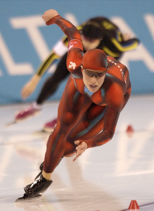Steve Griffin | Tribune file photo
Reigning Olympic champion Catriona Le May Doan of Canada skates to an Olympic record in her first of two women's 500-meter speedskating races at the Utah Olympic Oval. Doan ultimately defended her gold medal.