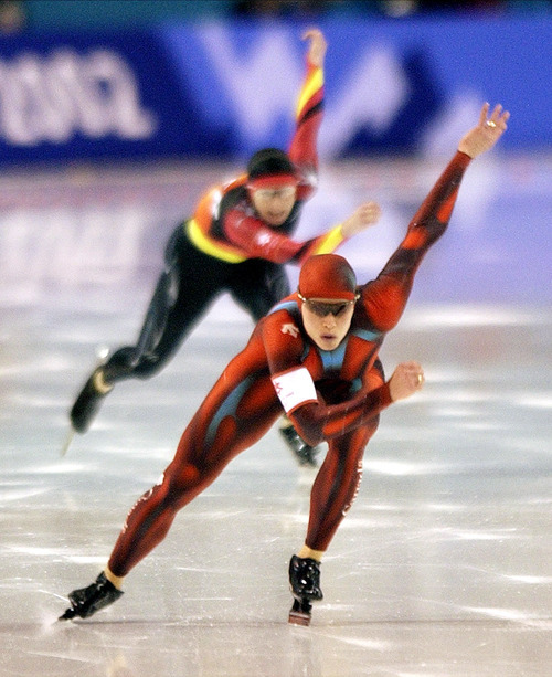 Steve Griffin | Tribune file photo
Speedskater Catriona Le May Doan leads Germany's Monique Garbrecht-Enfeldt into the final turn at the Utah Olympic Oval, en route to Canada's first gold medal of the Games in the women's 500-meter speedskating race.