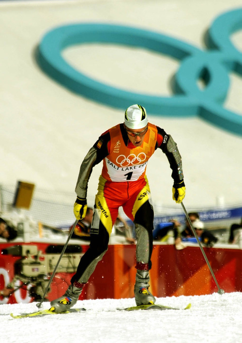 Paul Fraughton | Tribune file photo
Spain's Johann Muehlegg climb a hill during the men's 10K free pursuit cross country race at Soldier Hollow. Muehlegg goes on to win the race for his second gold of the Olympics, but is later expelled for doping.