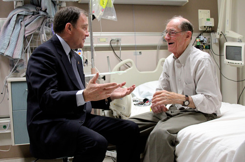 Francisco Kjolseth  |  The Salt Lake Tribune
Gov. Gary Herbert visits with Ralph Mace, 84, of Kanab who was in the Army 4th Eng. Combat Battalion from 1950-52, at the VA Hospital on Tuesday, February 14, 2012. As a part of the 