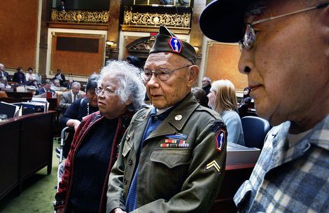 Scott Sommerdorf  |  The Salt Lake Tribune             
Ninety-two year old Murray resident Jiro Mori, second from right, stands alongside other Nisei veterans of the 100th Infantry Battalion and the 442nd Regimental Combat Team in the Utah House on Monday. Rep. Curt Oda, R-Clearfield, sponsored HCR5 to honor these Japansese-American members for their service during WWII.