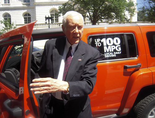 Tribune file photo

In 2009, Sen. Orrin Hatch, R-Utah, showed off a 100 mpg Hummer H3 at a news conference on Capitol Hill. The technology for the plug-in hybrid Hummer, which Hatch drove up and down a closed-off street near the Capitol, was made by Provo-based Raser Technologies, whioch has since filed for bankruptcy.