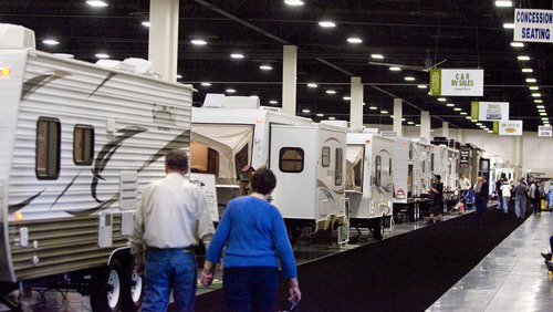 Paul Fraughton  |  The Salt Lake Tribune
Visitors on Thursday check out the annual Utah Sportsmen's Vacation and RV Show at the South Towne Expo Center. The show was filled with RV's and motor homes of every category and price point. The show runs through Sunday.