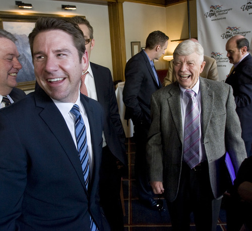Al Hartmann  |  The Salt Lake Tribune
Utah Shakespeare Festival artistic director Brian Vaughn, left, and founder Fred Adams have a laugh at the Alta Club in Salt Lake City Thursday February 16 on announcing the plans for the new $26.5 million Shakespeare Theater on the campus of Southern Utah University in Cedar City.