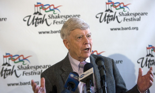 Al Hartmann  |  The Salt Lake Tribune
Fred Adams founder of the Utah Shakespeare Festival speaks at the Alta Club in Salt Lake City Thursday February 16 on the plans for the new $26.5 million Shakespeare Theater on the campus of Southern Utah University in Cedar City.