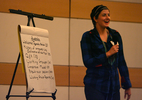 Steve Griffin  |  The Salt Lake Tribune

 Ashley Sanders, Salt Lake City co-coordinator of the Move to Ammend organizaton, explains what her organization is about during a meeting at the the Salt Lake Main Library in Salt Lake City, Utah  Wednesday, February 15, 2012.  The nationwide Move to Amend movement now has Salt Lake allies who are working to get an initiative on November's ballot. Its part of a 50-city effort around the country to get voters to weigh in on undue corporate influence on U.S. democracy