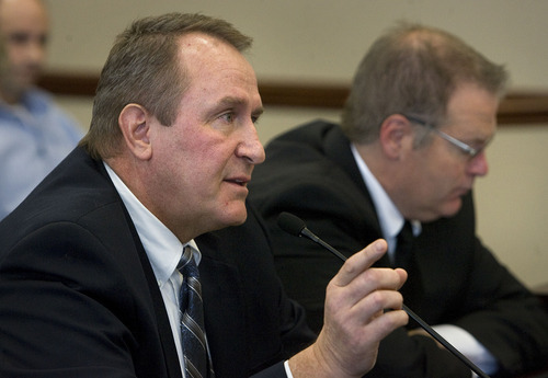 Scott Sommerdorf  |  The Salt Lake Tribune             
Attorney General Mark Shurtleff testifies against SB157, sponsored by Sen. Stephen Urquhart, R-St. George, right. The measure, proposing to repeal Utah's guest-worker law, was shot down in the committee on a motion from Senate President Michael Waddoups.